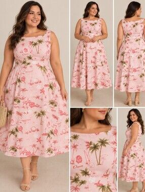 SHEIN Pink Tropical Midi Fit & Flare Dress